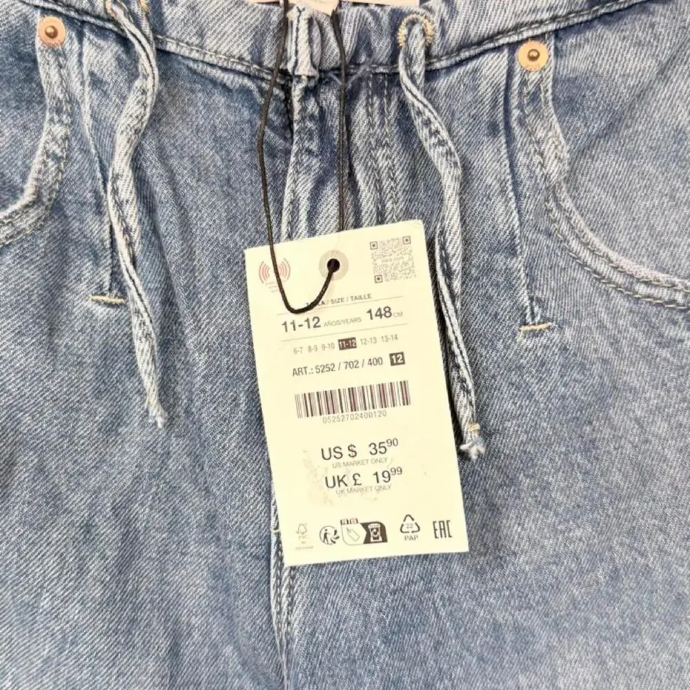 Zara Kids Fluid Jogger Wide Leg Jeans Girls 11-12 Elastic Waist Blue Wash NWT